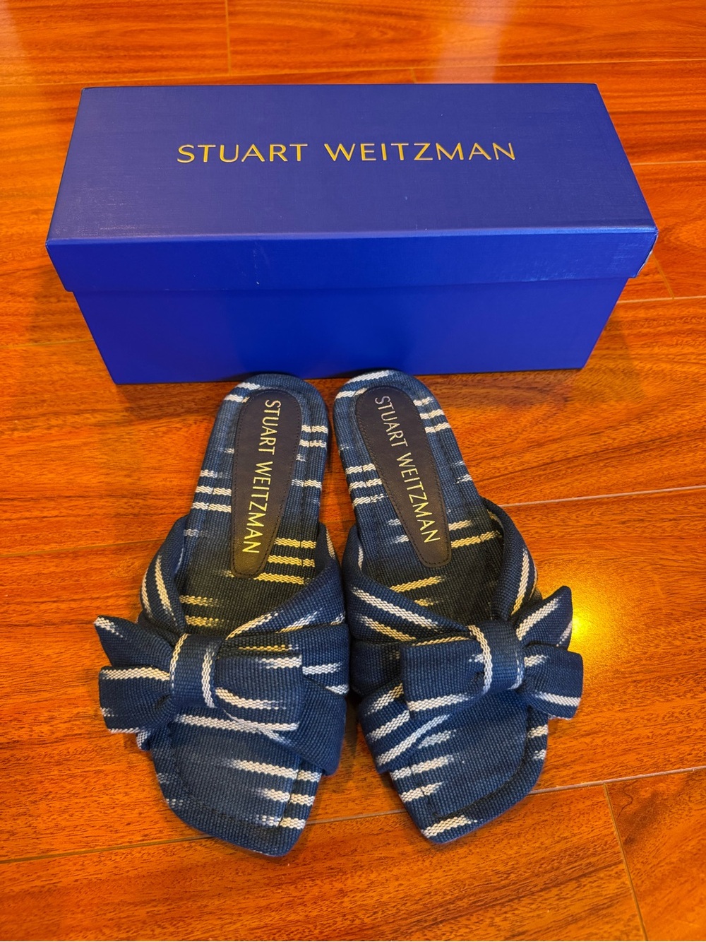 Stuart Weitzman Navy Striped Bow Slide Mules